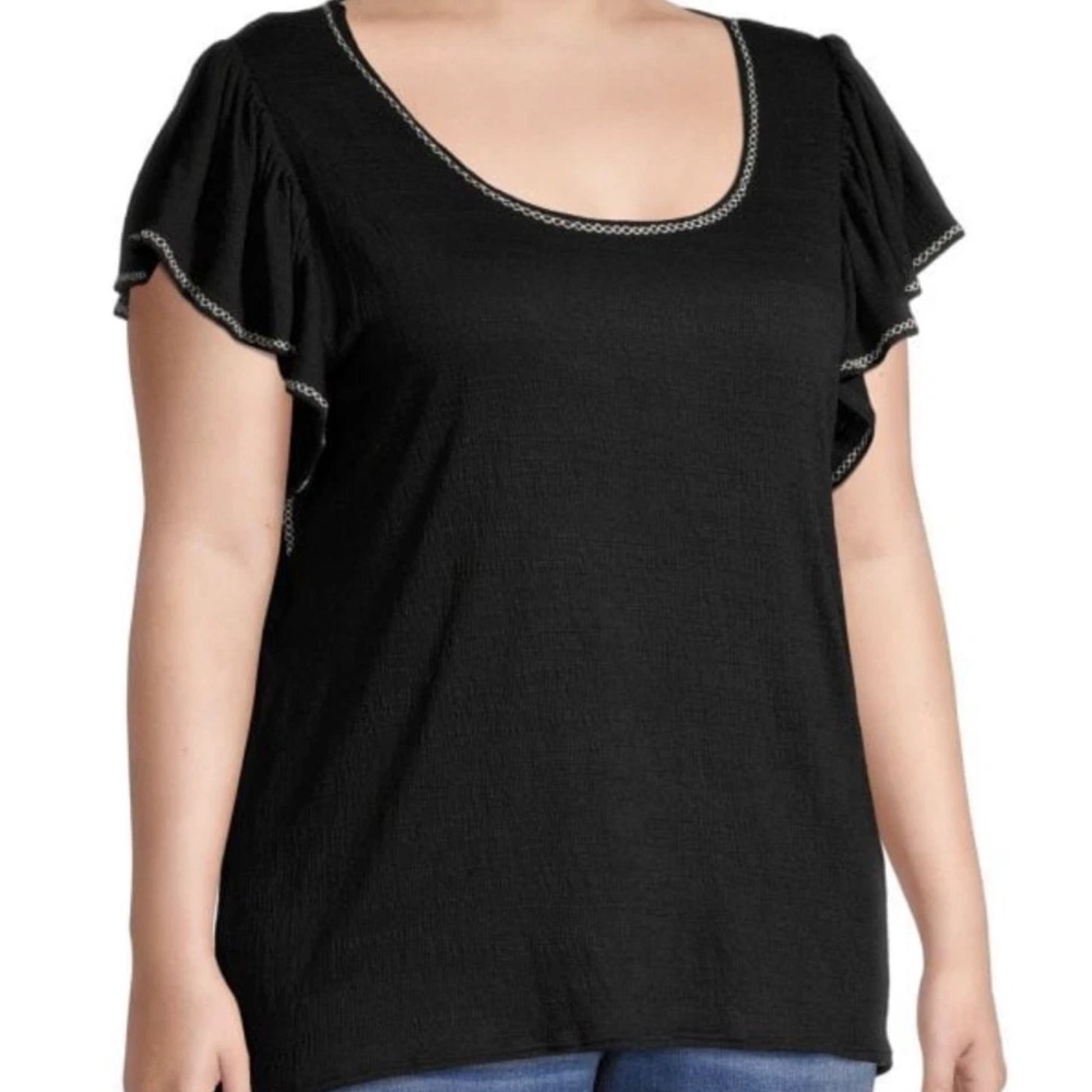 Max Studio Flutter Sleeve Blouse 1X Black NWT Crinkle Texture Plus Size